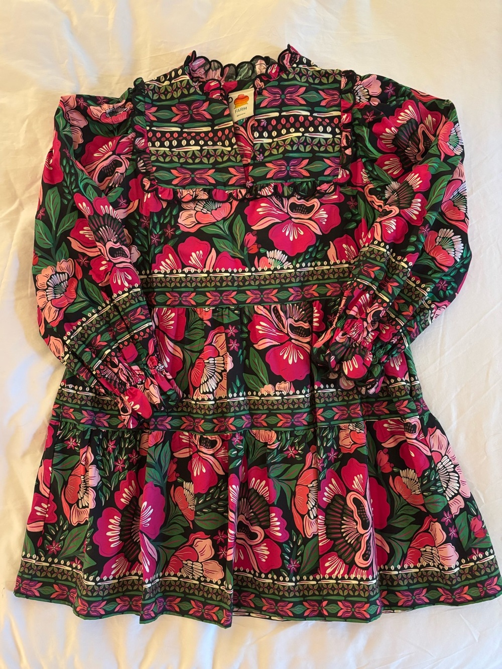 FARM Rio Pink & Green Floral Smocked Long-Sleeve Dress
